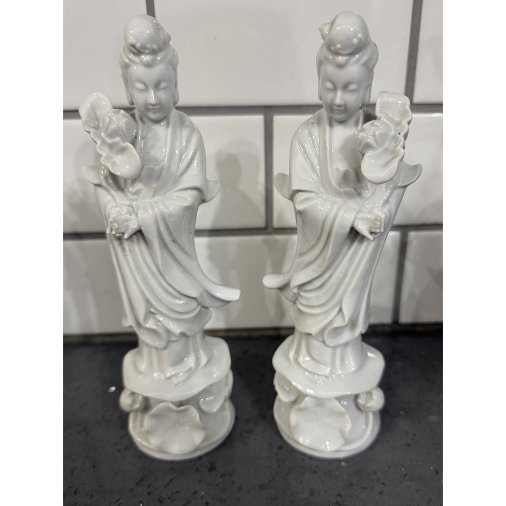 Vtg Chinese Porcelain Blanc de Chine Figure Of Guanyin w/Lotus 8.5" Pair Lot 2